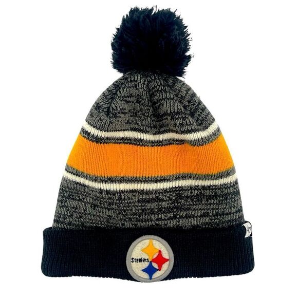 NFL x ‘47 Brand Kid’s Pittsburgh Steelers Black Gold Knit Pom Pom Beanie Hat OS - Picture 9 of 9